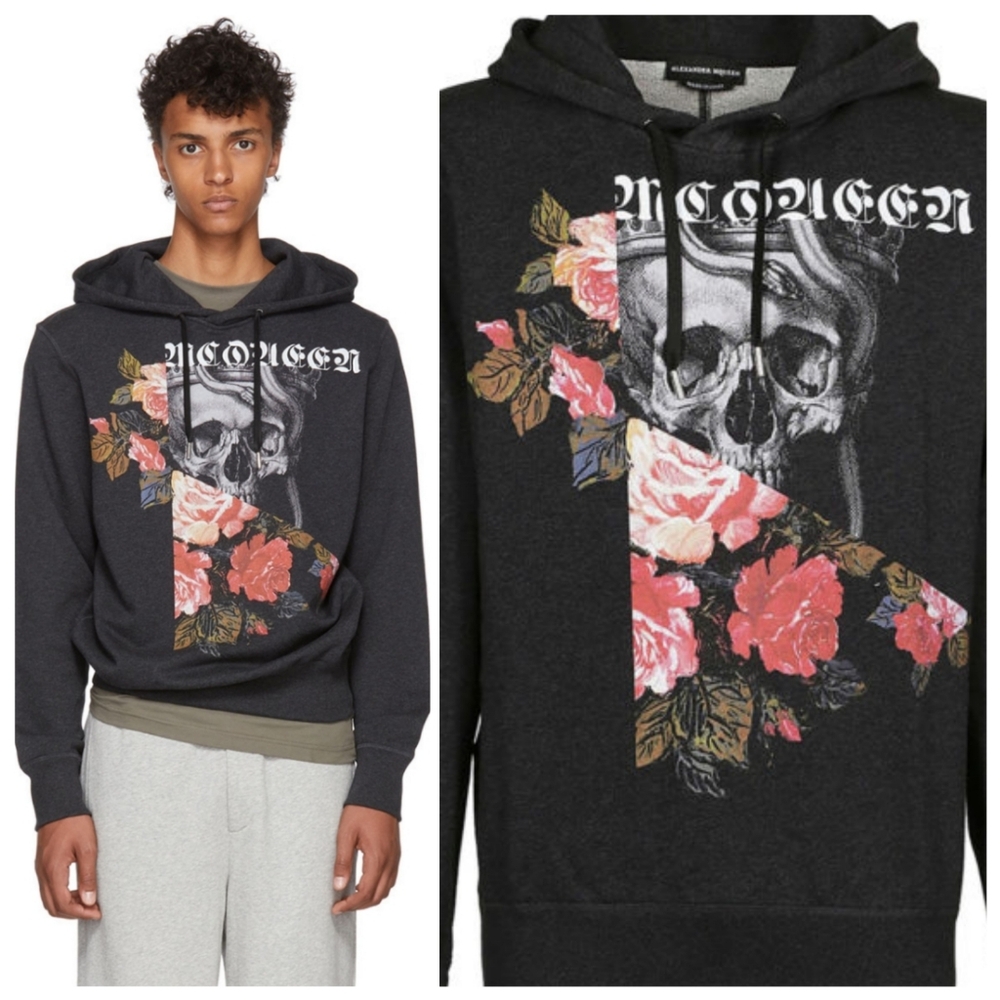 ALEXANDER MCQUEEN Grey Skulls & Roses Hoodie Size Small Grunge Streetwear Unisex